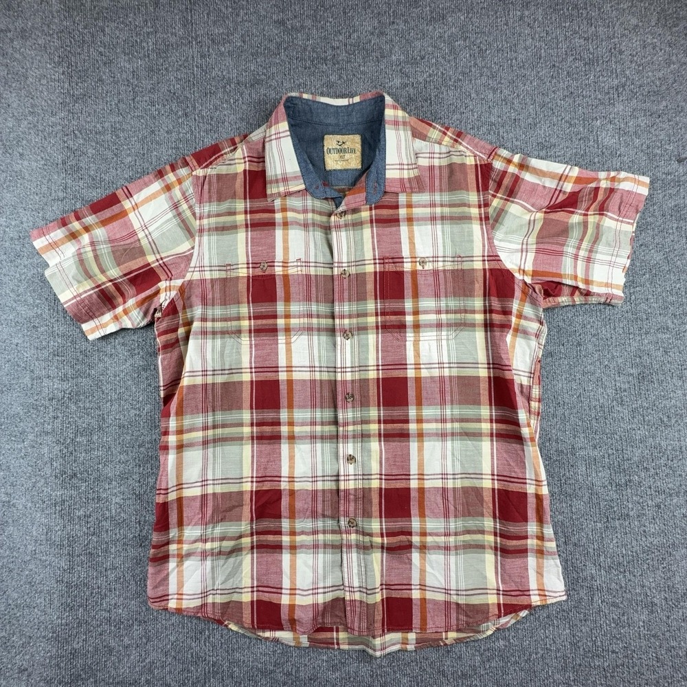 Outdoor Life Shirt Mens XLT‎ Red Plaid Short Sleeve Button Up Cotton Casual